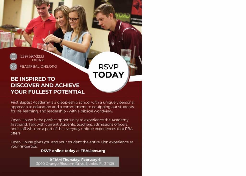 First Baptist Academy open house postcard, back