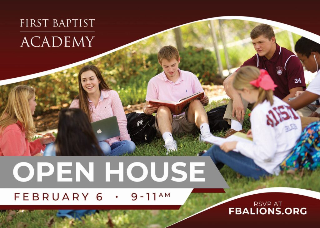 First Baptist Academy open house postcard, front