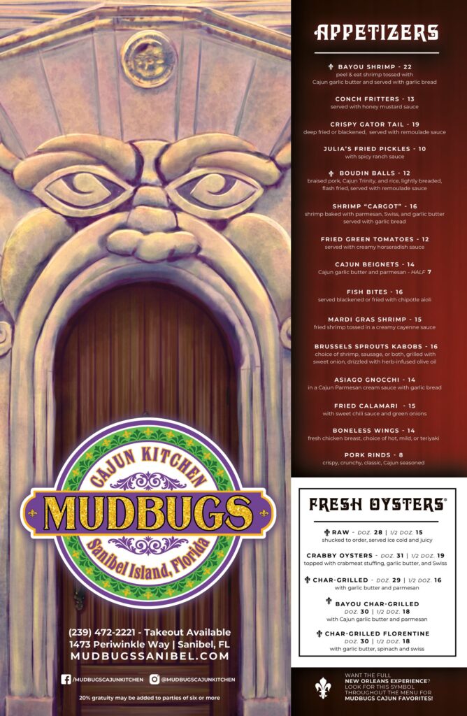 Mudbugs Cajun Kitchen dinner menu